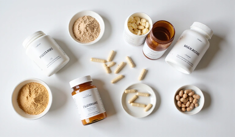 Variedad de suplementos alimenticios en un entorno limpio