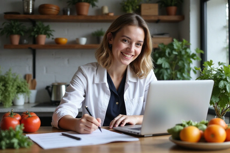 Mujer sonriendo mientras toma notas de nutrición